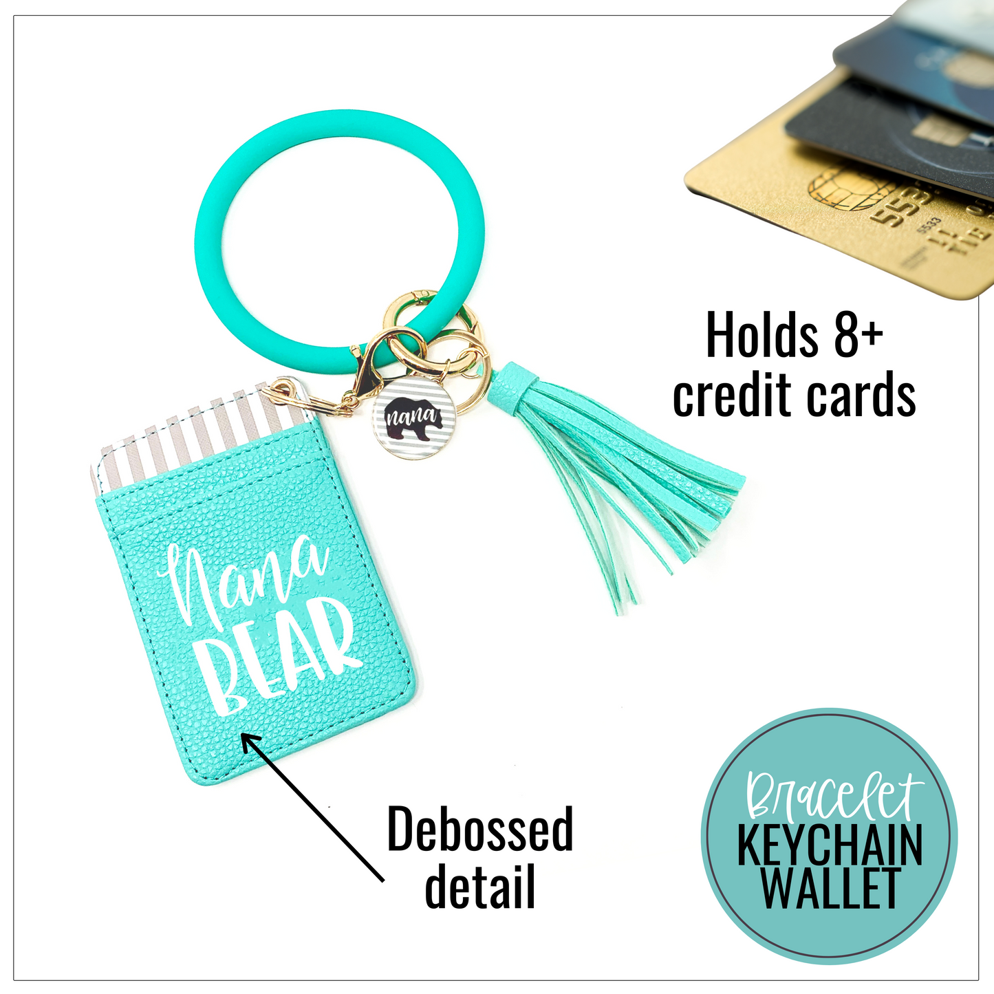 Nana Bear Teal Silicone Bracelet Keychain Wallet for Grandmothers