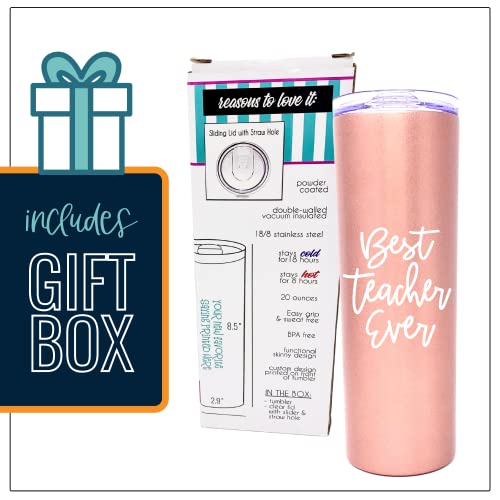 Best Teacher Ever 20 oz Rose Gold Skinny Tumbler for Teachers