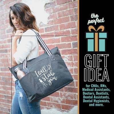 I Will Stab You Tessa Black Tote Bag for Medical Workers