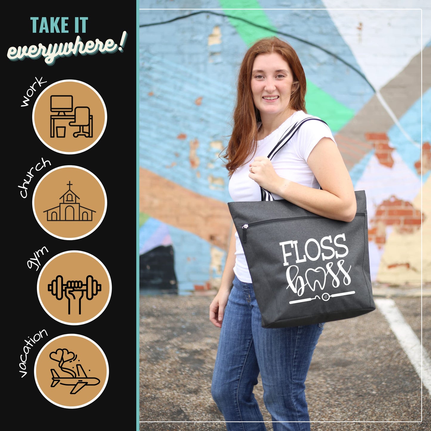 Floss Boss Lexie Black Tote Bag for Dental Workers