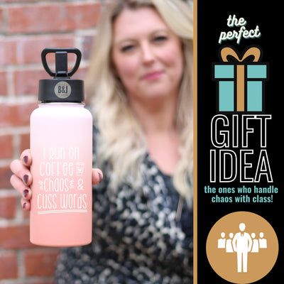 I Run on Coffee, Chaos and Cuss Word 32 oz Rose Gold Water Bottle for Bosses