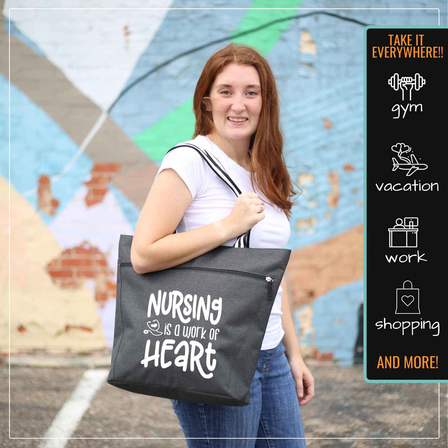 Nursing is a Work of Heart Black Lexie Tote Bag for Medical Workers