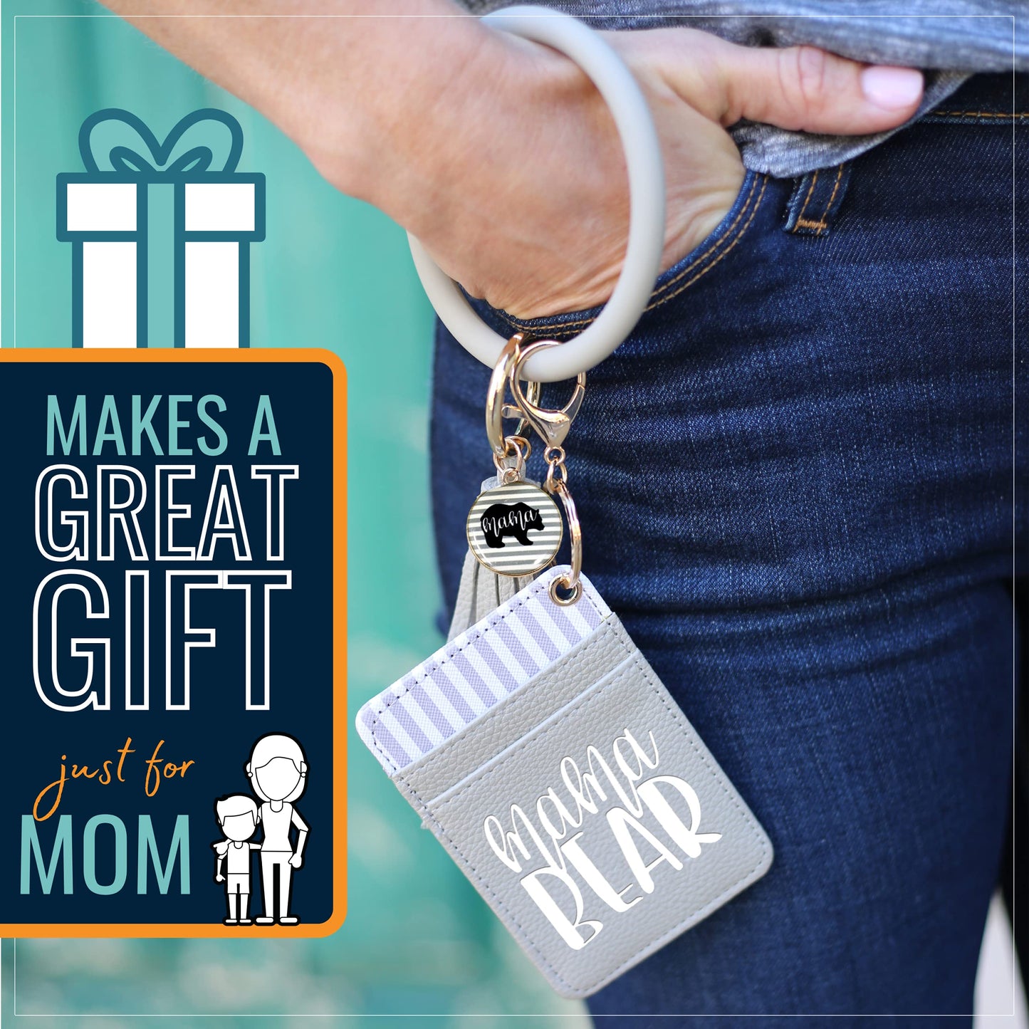 Mama Bear Gray Silicone Bracelet Keychain Wallet for Moms