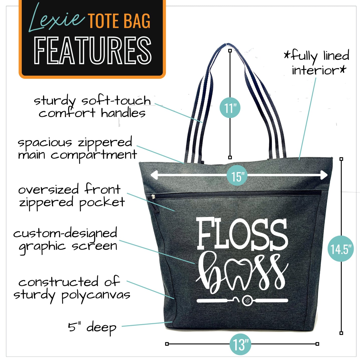 Floss Boss Lexie Black Tote Bag for Dental Workers