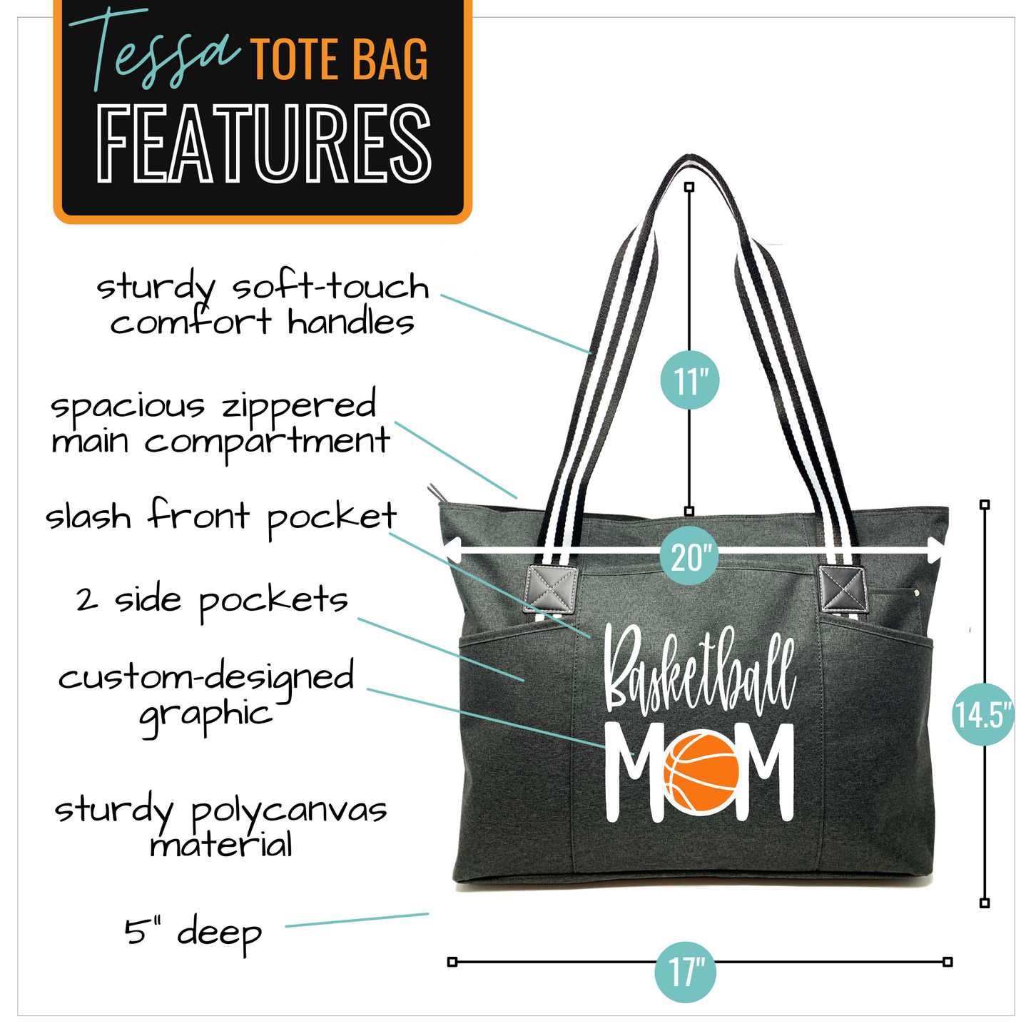 Basketball Mom Tessa Black Tote Bag for Moms