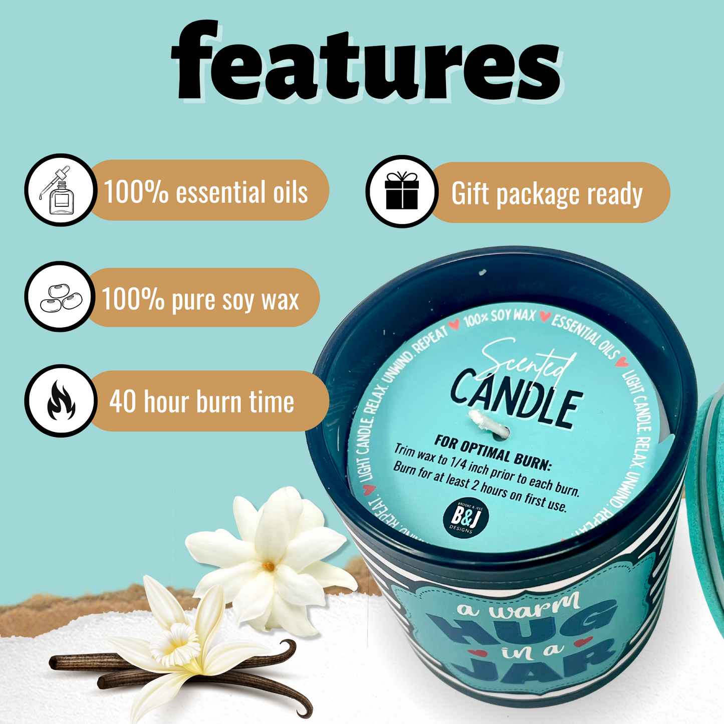 Hug in a Jar 8 oz Jasmine and Vanilla Scented Candle