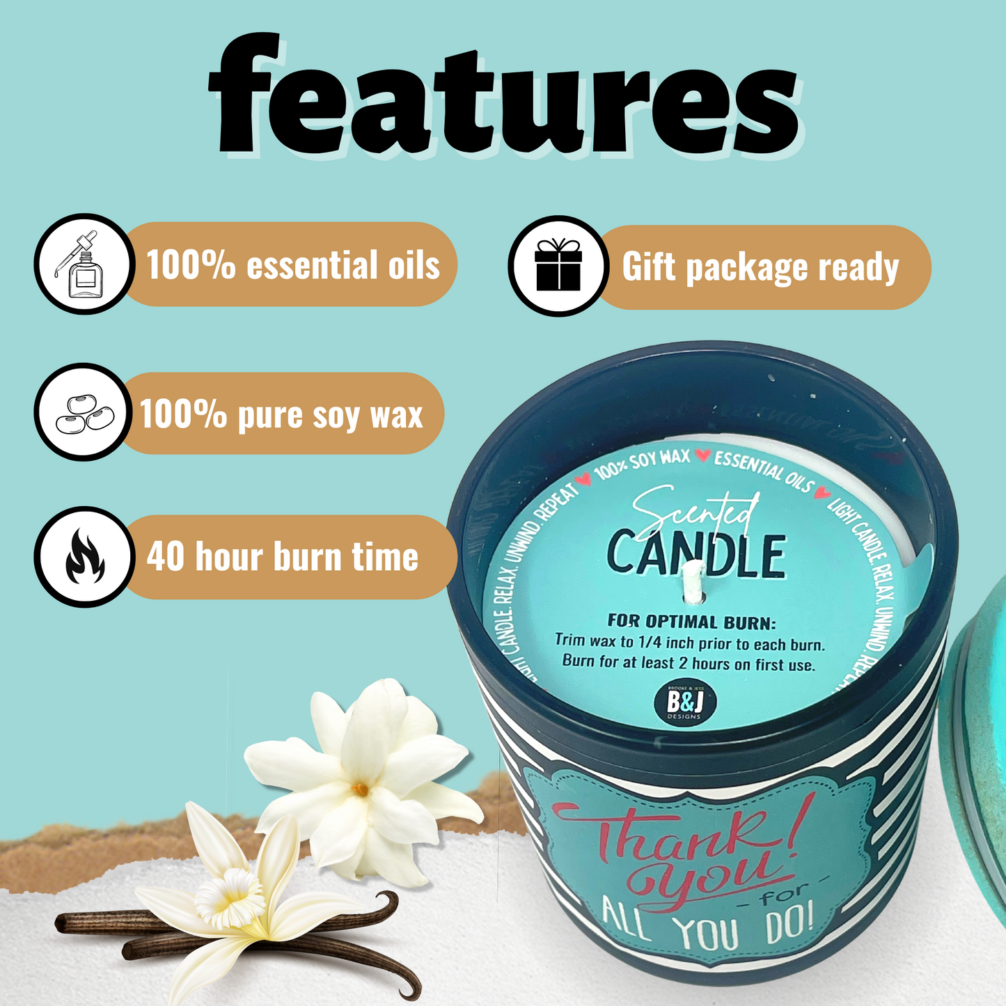 Thank You 8 oz Jasmine and Vanilla Scented Candle