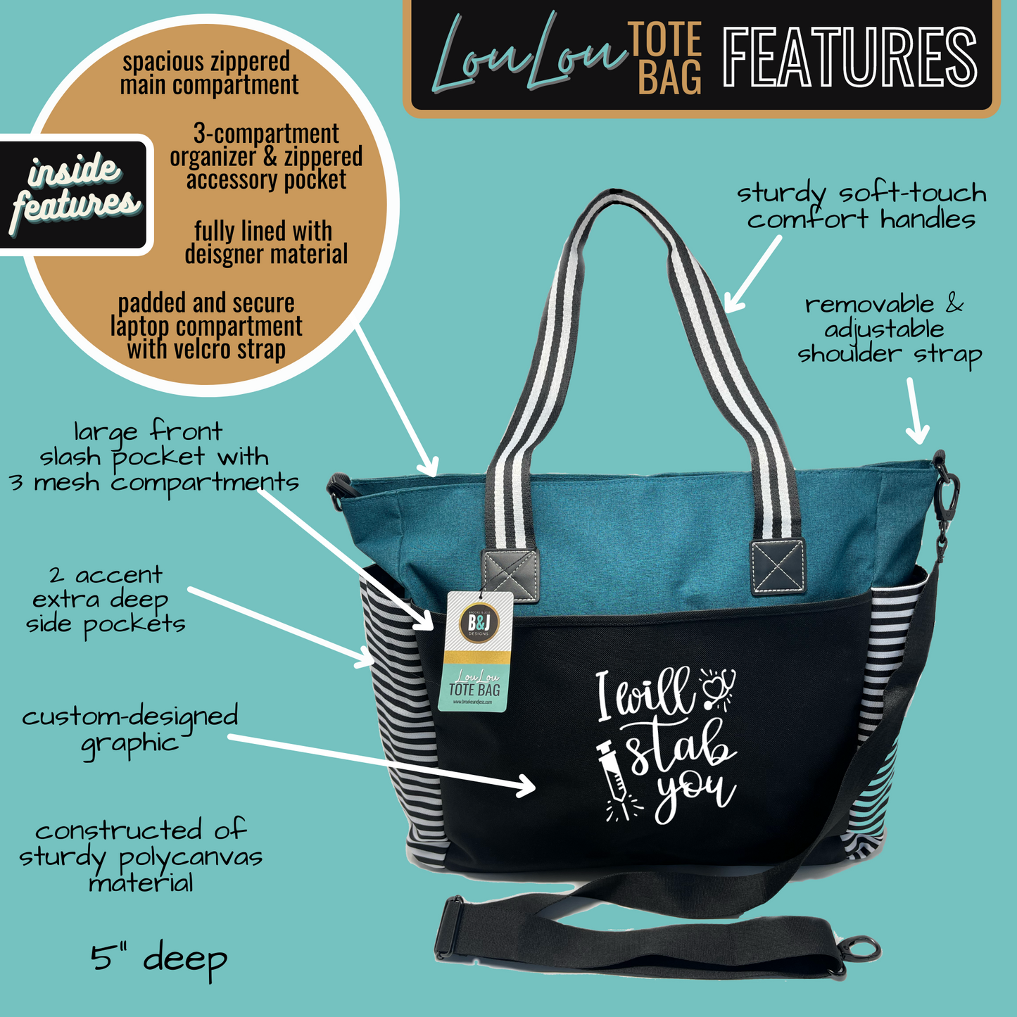 I Will Stab You LouLou Teal Tote Bag for Medical Workers