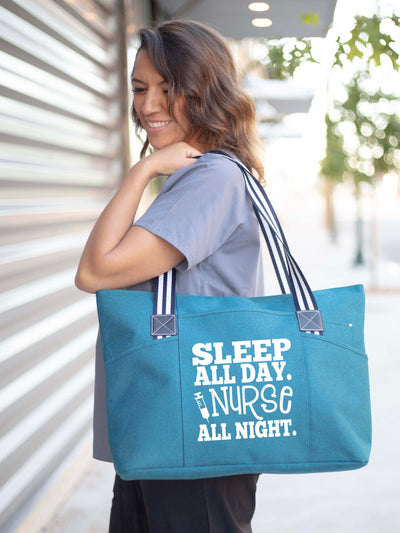 Sleep All Day Nurse All Night Teal Tessa Zippered Tote Bag