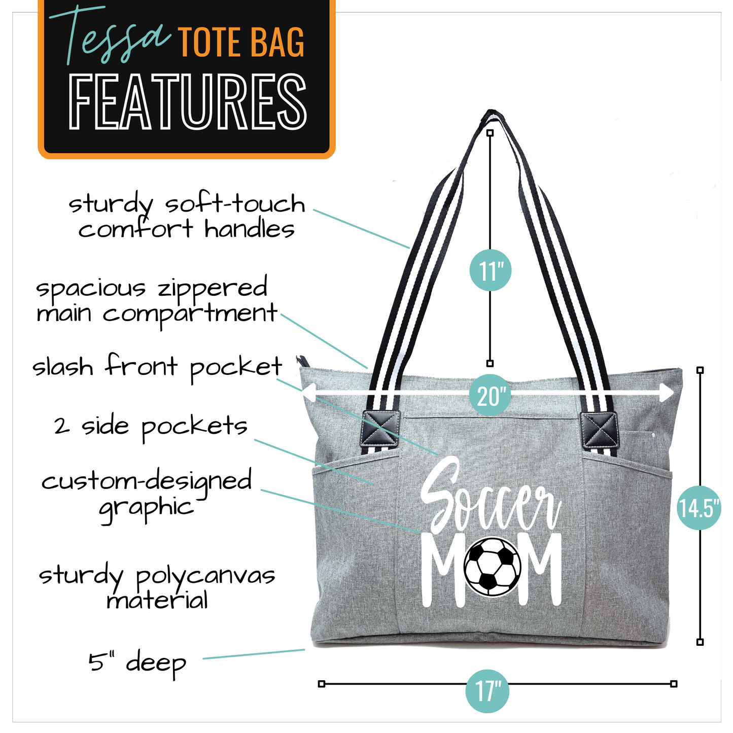 Soccer Mom Gray Tessa Tote Bag