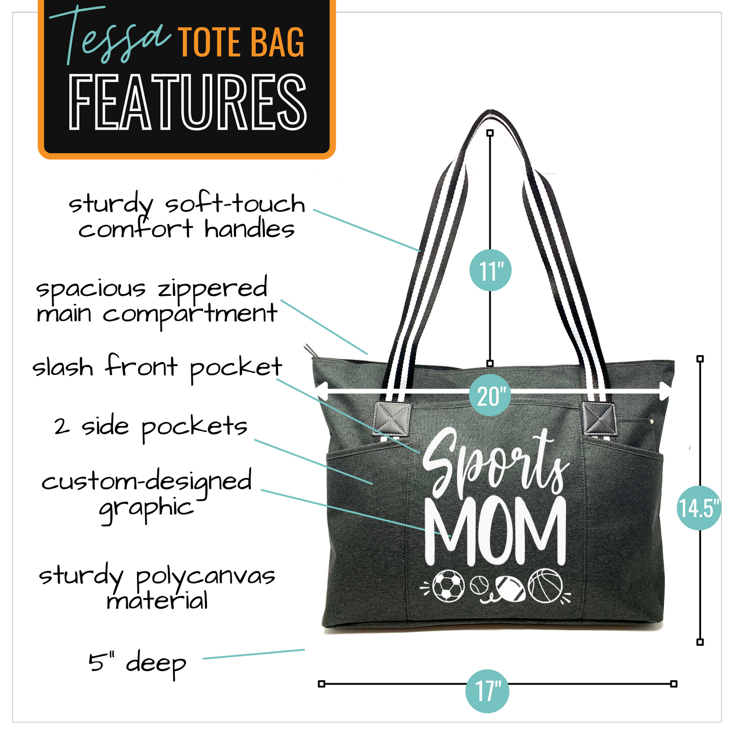 Sports Mom Tessa Black Tote Bag for Moms