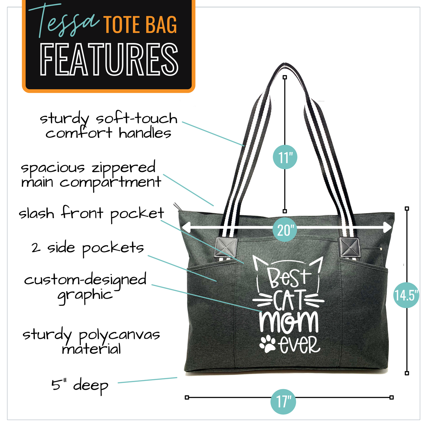 Best Cat Mom Ever Tessa Black Tote Bag for Cat Lovers