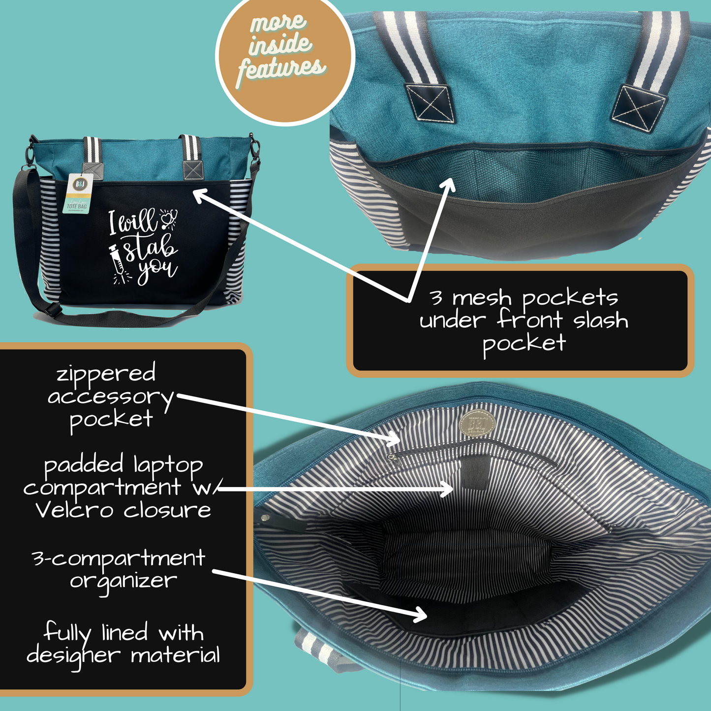 I Will Stab You LouLou Teal Tote Bag for Medical Workers