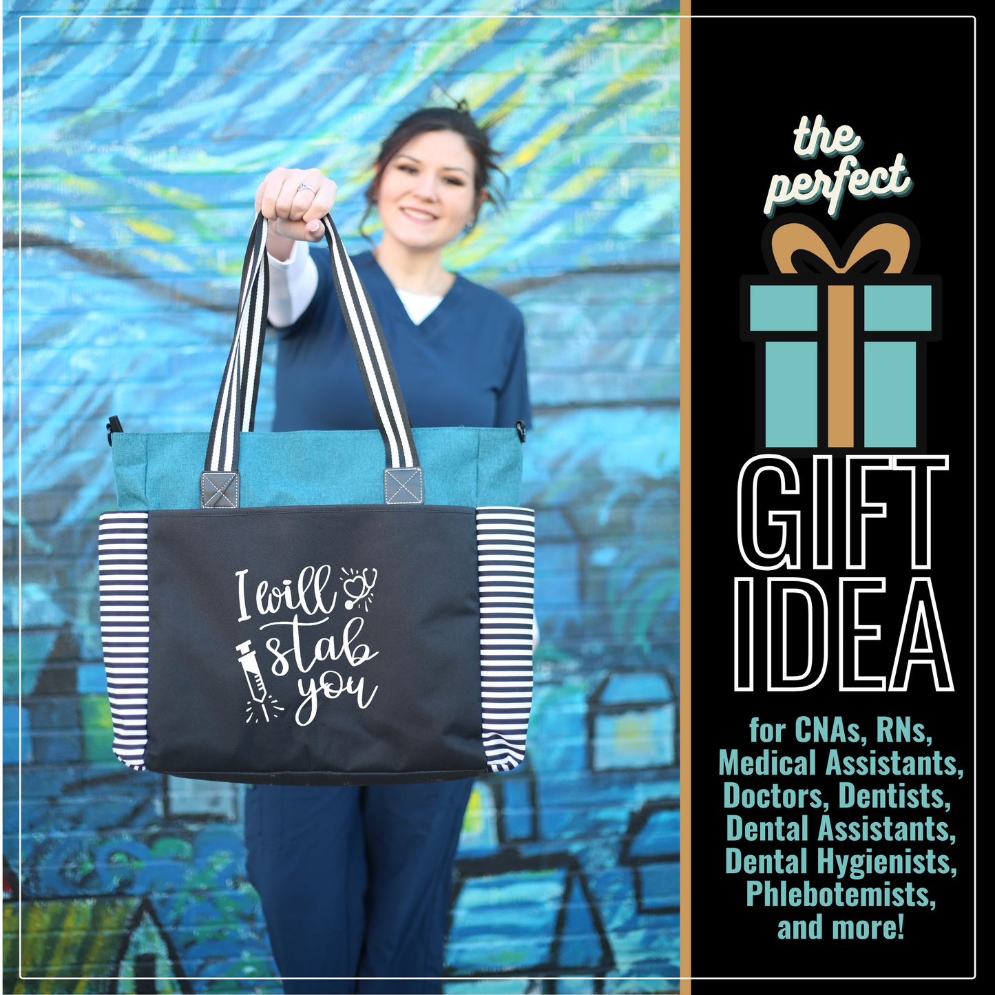 I Will Stab You LouLou Teal Tote Bag for Medical Workers