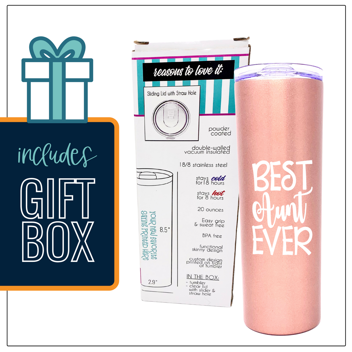 Best Aunt Ever 20 oz Rose Gold Skinny Tumbler for Aunts