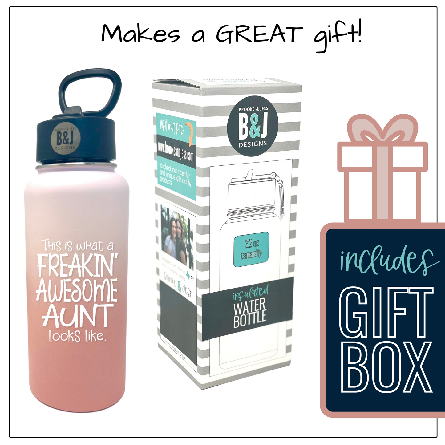 Freakin' Awesome Aunt 32 oz Rose Gold Water Bottle for Aunts