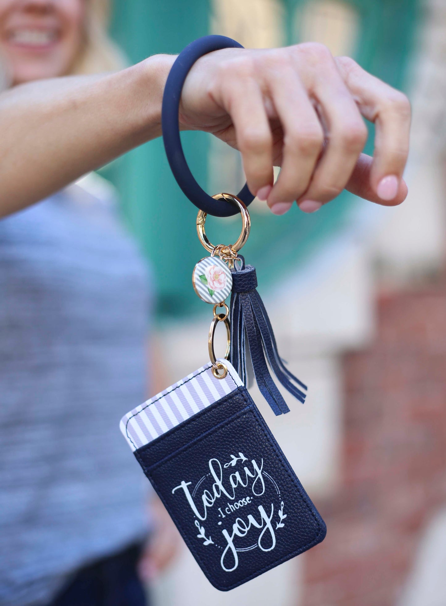 Today I Choose Joy Navy Blue Silicone Bracelet Keychain Wallet
