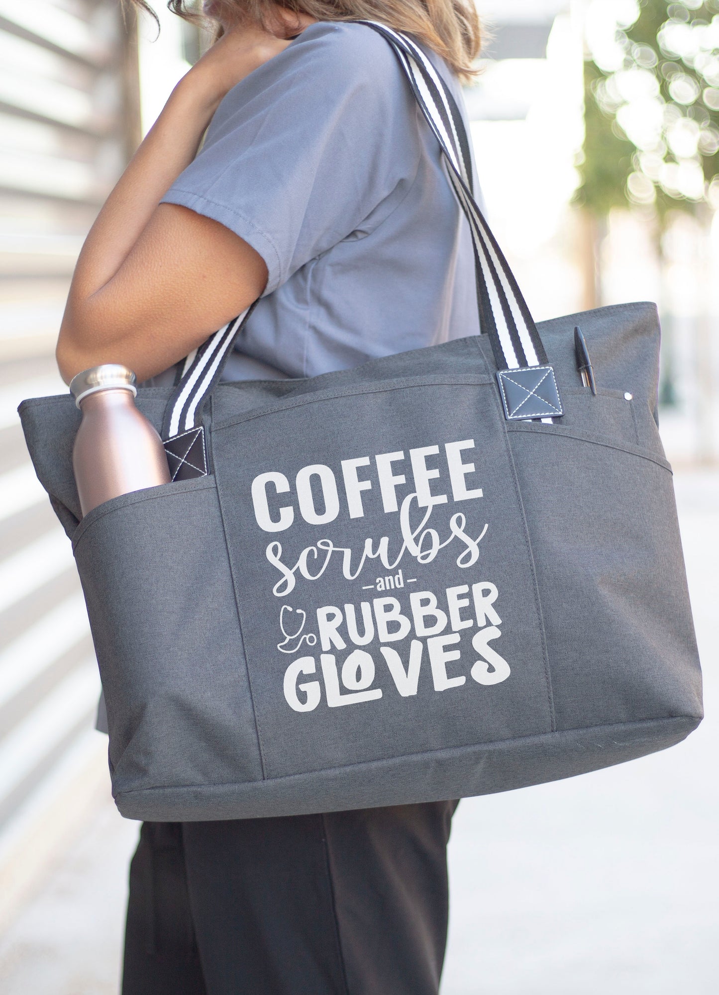 Coffee Scrubs and Rubber Gloves Tessa Black Tote Bag for Medical Workers