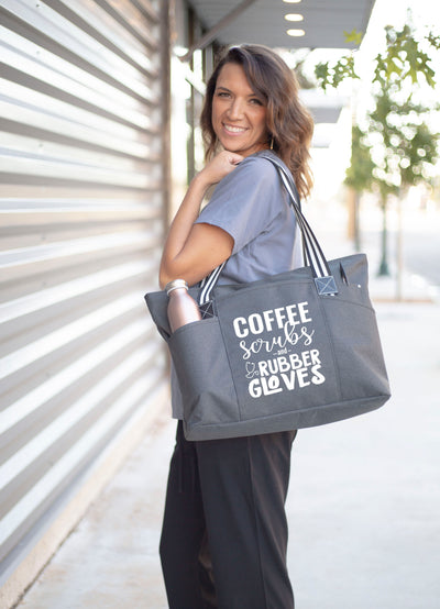 Coffee Scrubs and Rubber Gloves Tessa Black Tote Bag for Medical Workers