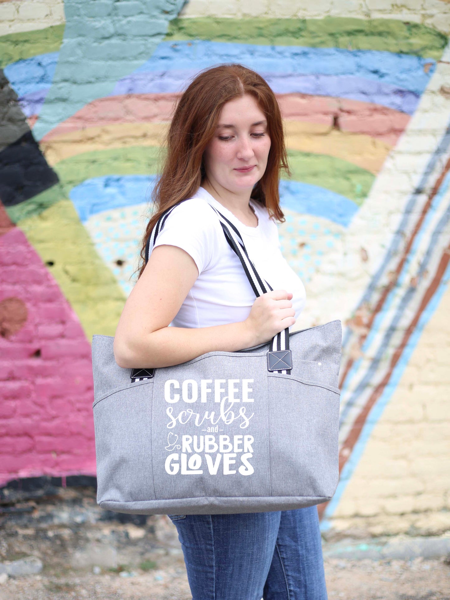 Coffee Scrubs and Rubber Gloves Tessa Gray Tote Bag for Medical Workers