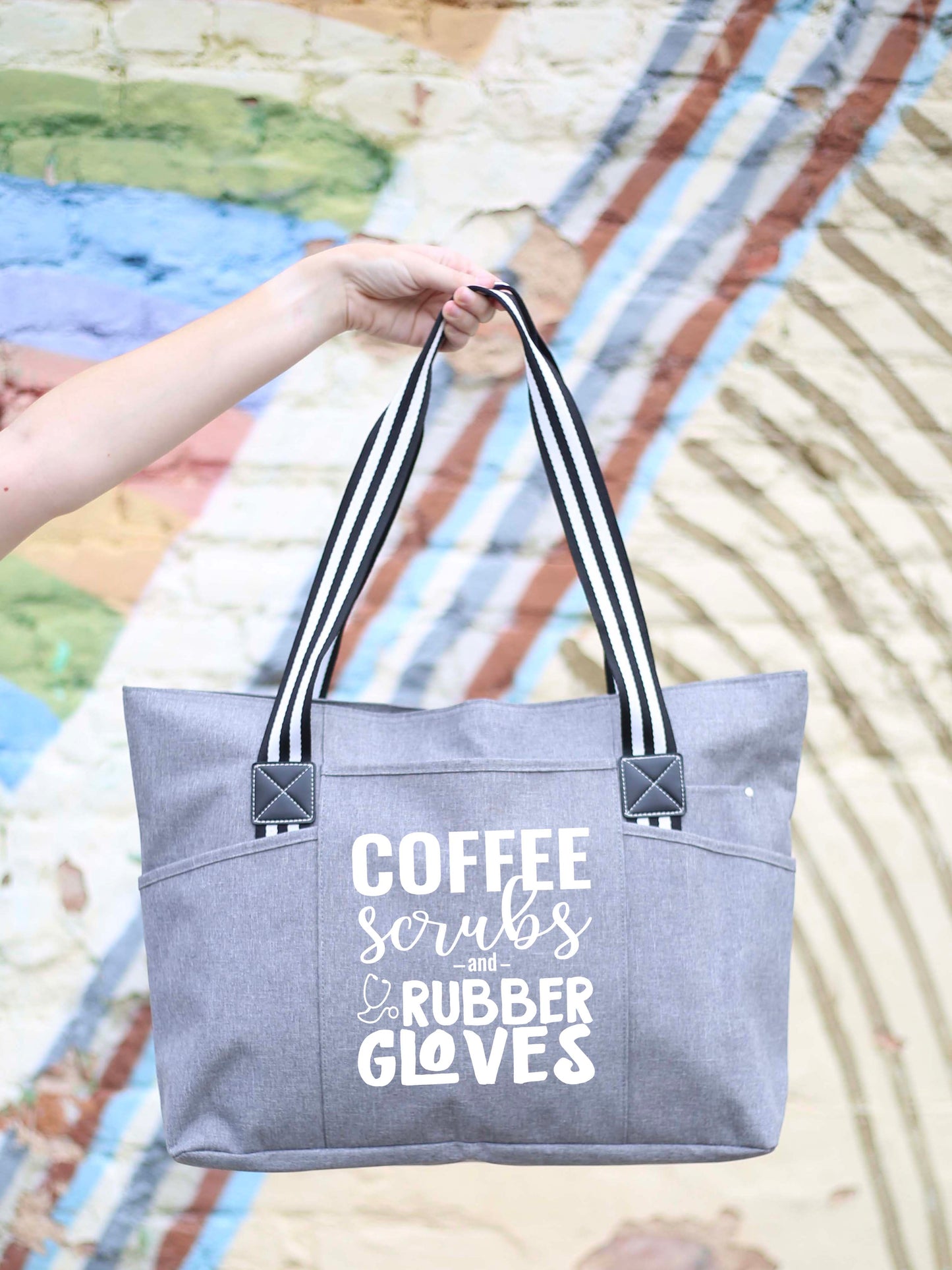 Coffee Scrubs and Rubber Gloves Tessa Gray Tote Bag for Medical Workers