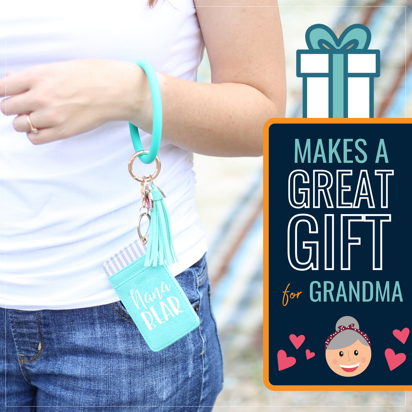 Nana Bear Teal Silicone Bracelet Keychain Wallet for Grandmothers