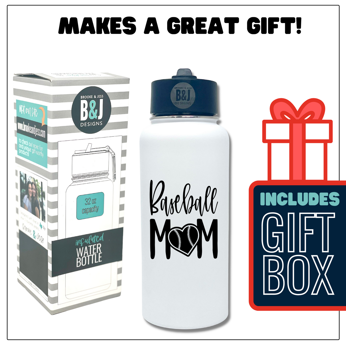 Baseball Mom 32 oz White Water Bottle for Moms
