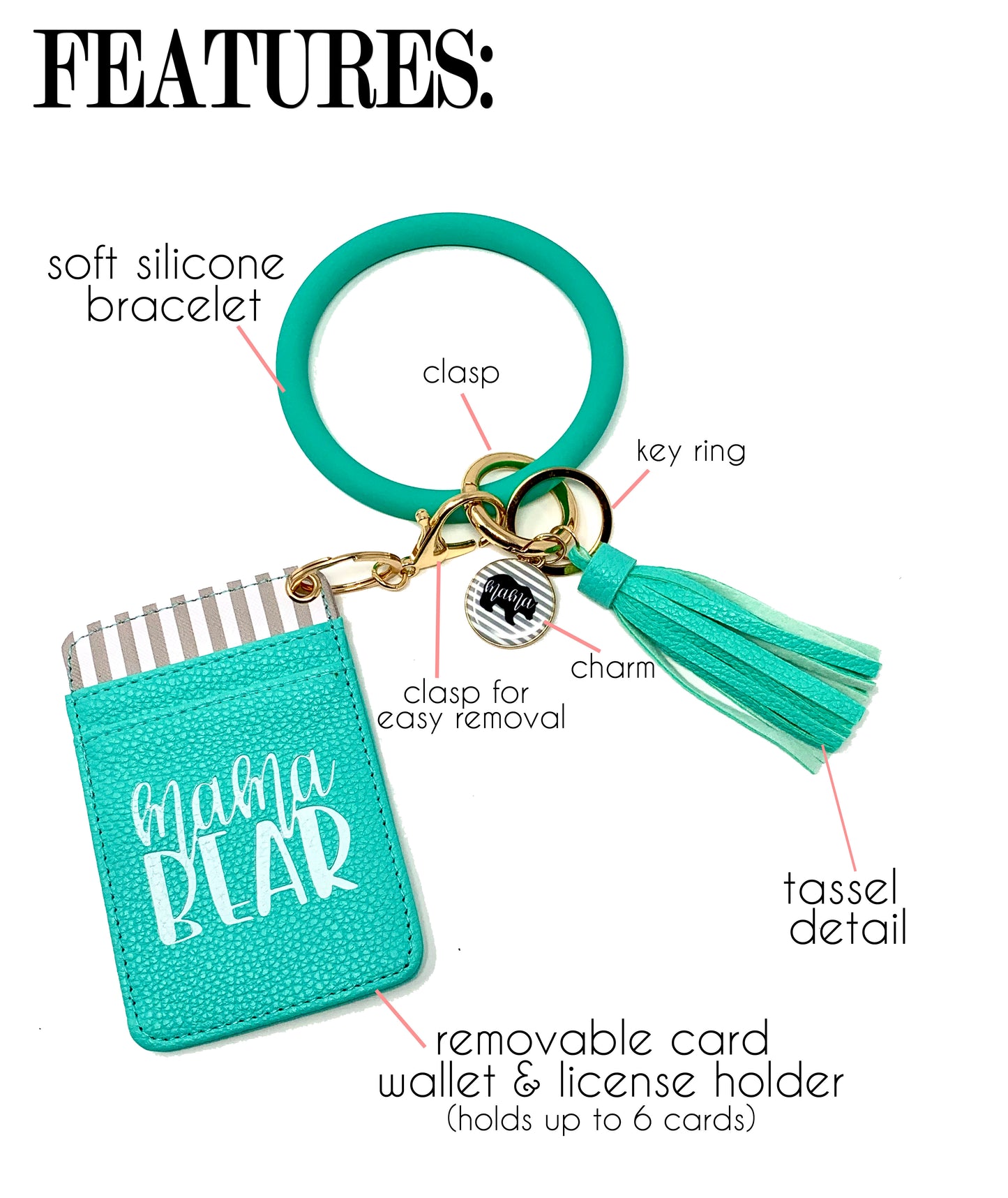 Mama Bear Teal Silicone Bracelet Keychain Wallet for Moms