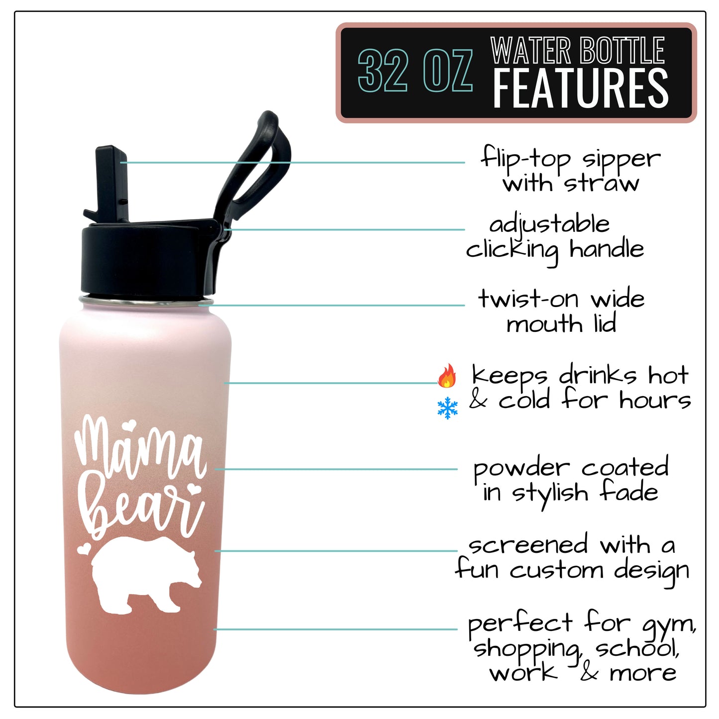 Mama Bear 32 oz Rose Gold Water Bottle for Moms