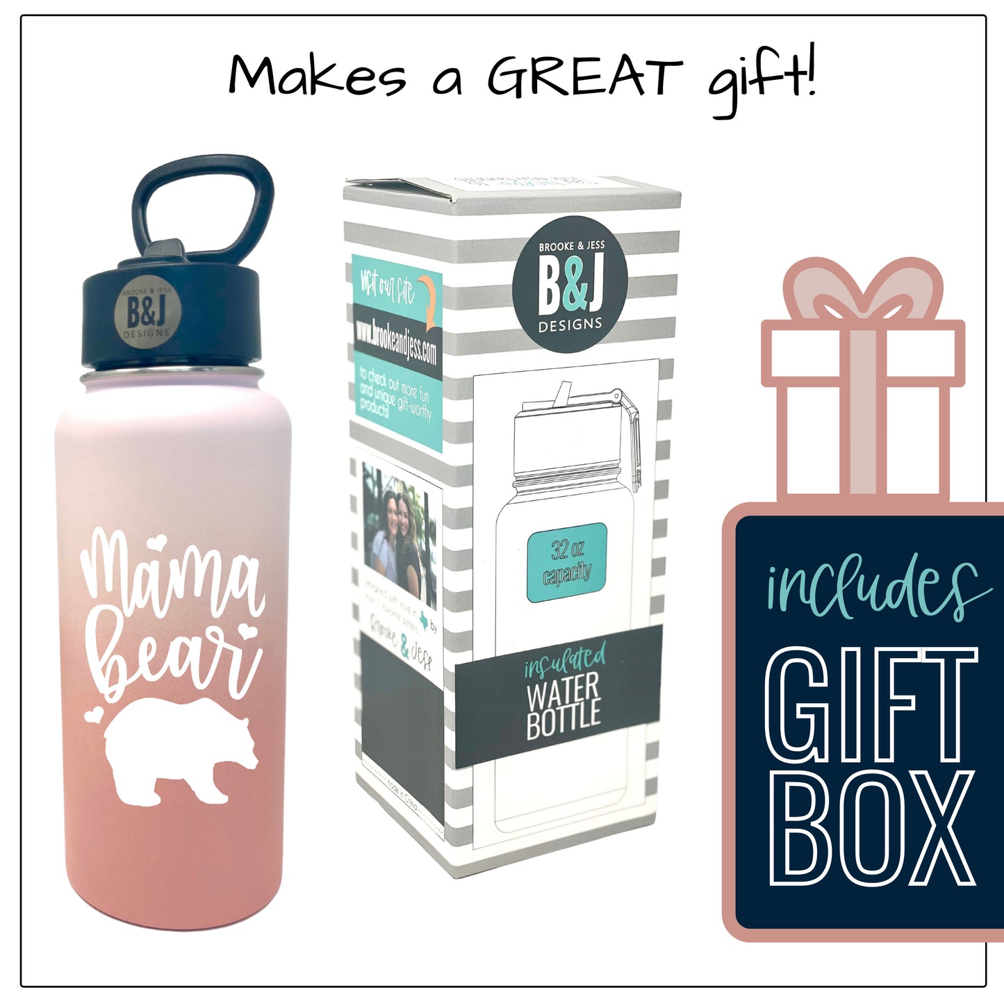 Mama Bear 32 oz Rose Gold Water Bottle for Moms