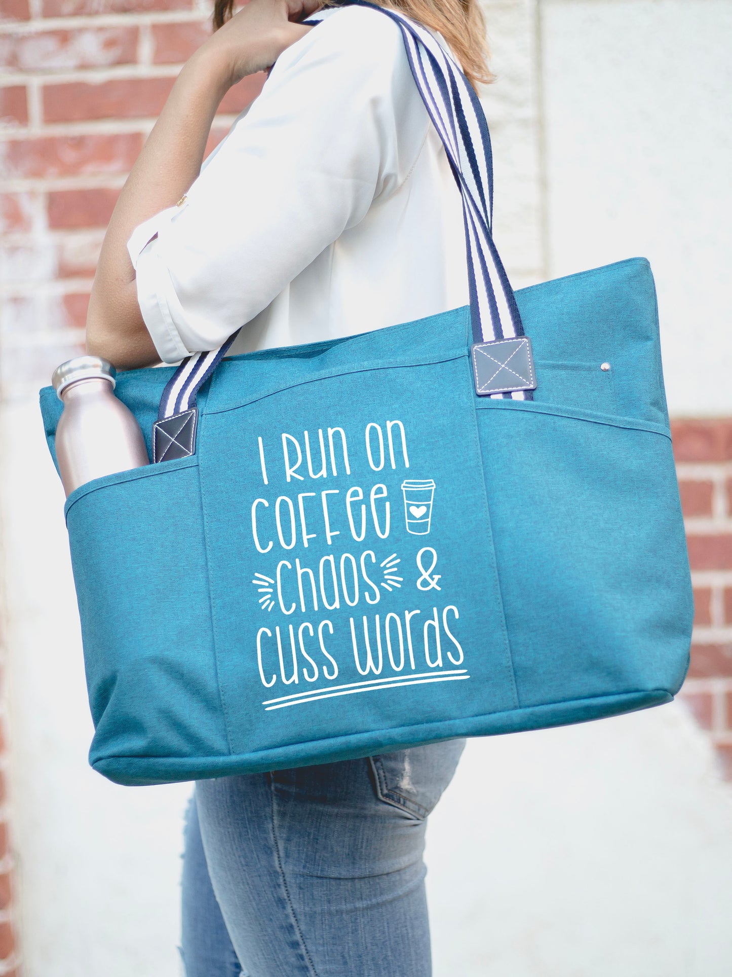 I Run on Coffee Chaos and Cuss Words Tessa Teal Tote Bag for Bosses