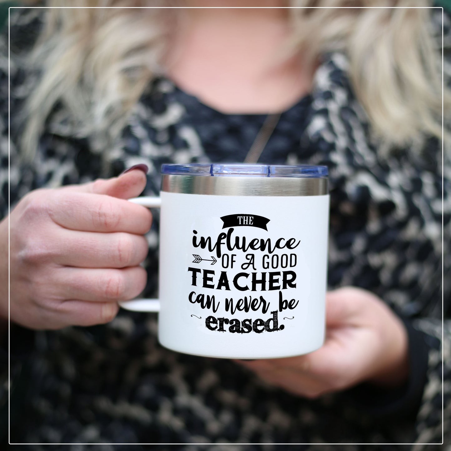 Teacher Influence 14 oz White Camper Tumbler for Teachers