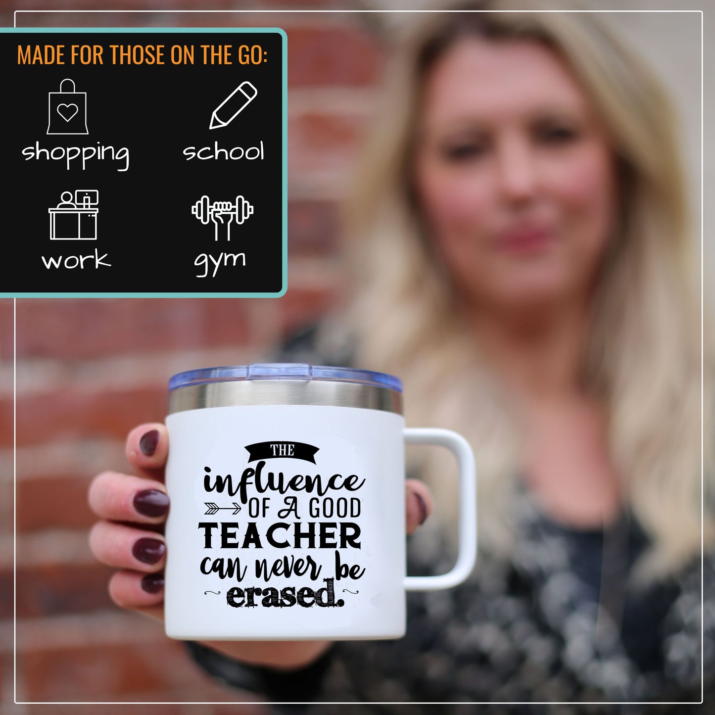 Teacher Influence 14 oz White Camper Tumbler for Teachers