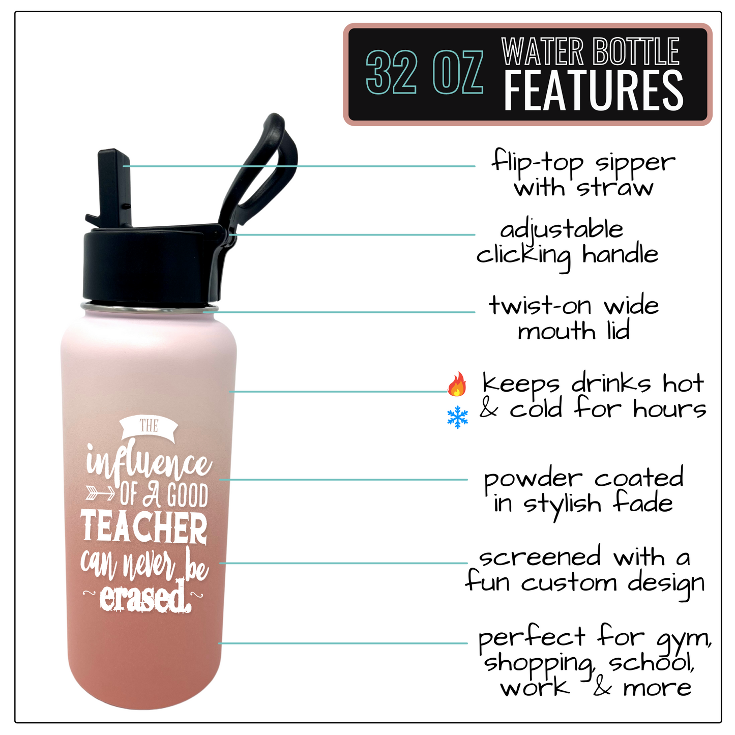 Influence of a Teacher 32 oz Rose Gold Water Bottle Tumbler for Teachers