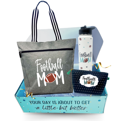 Brooke and Jess - Football Mom Lexie Gray Tote Bag, 24 oz Waterbottle Tumbler, and Janie Makeup Cosmetic Bag Gift Box Set