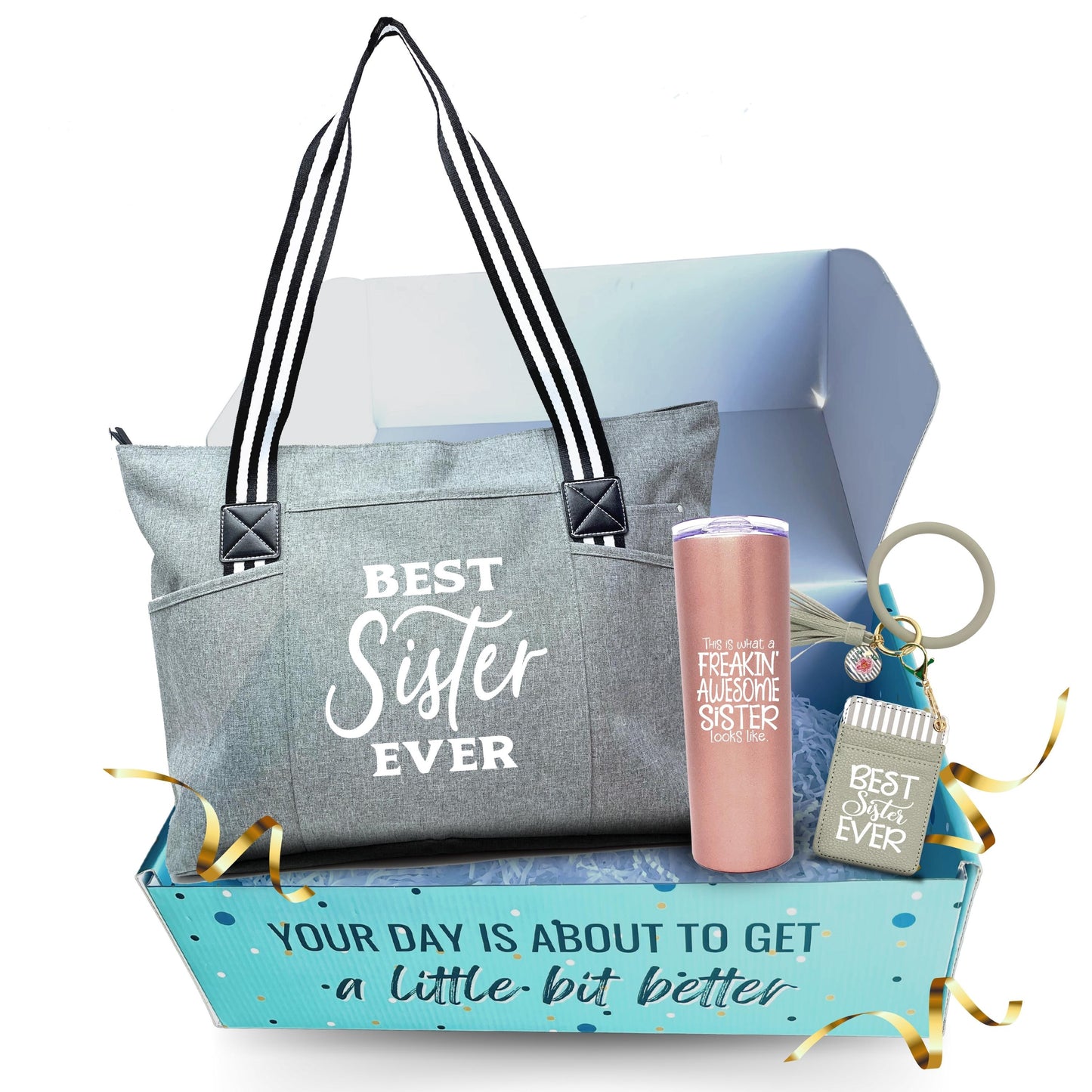 Brooke and Jess Designs Sister Gift Bundle - Best Sister Ever Tessa, 20 oz Skinny Tumbler, and Keychain Gift Set Box