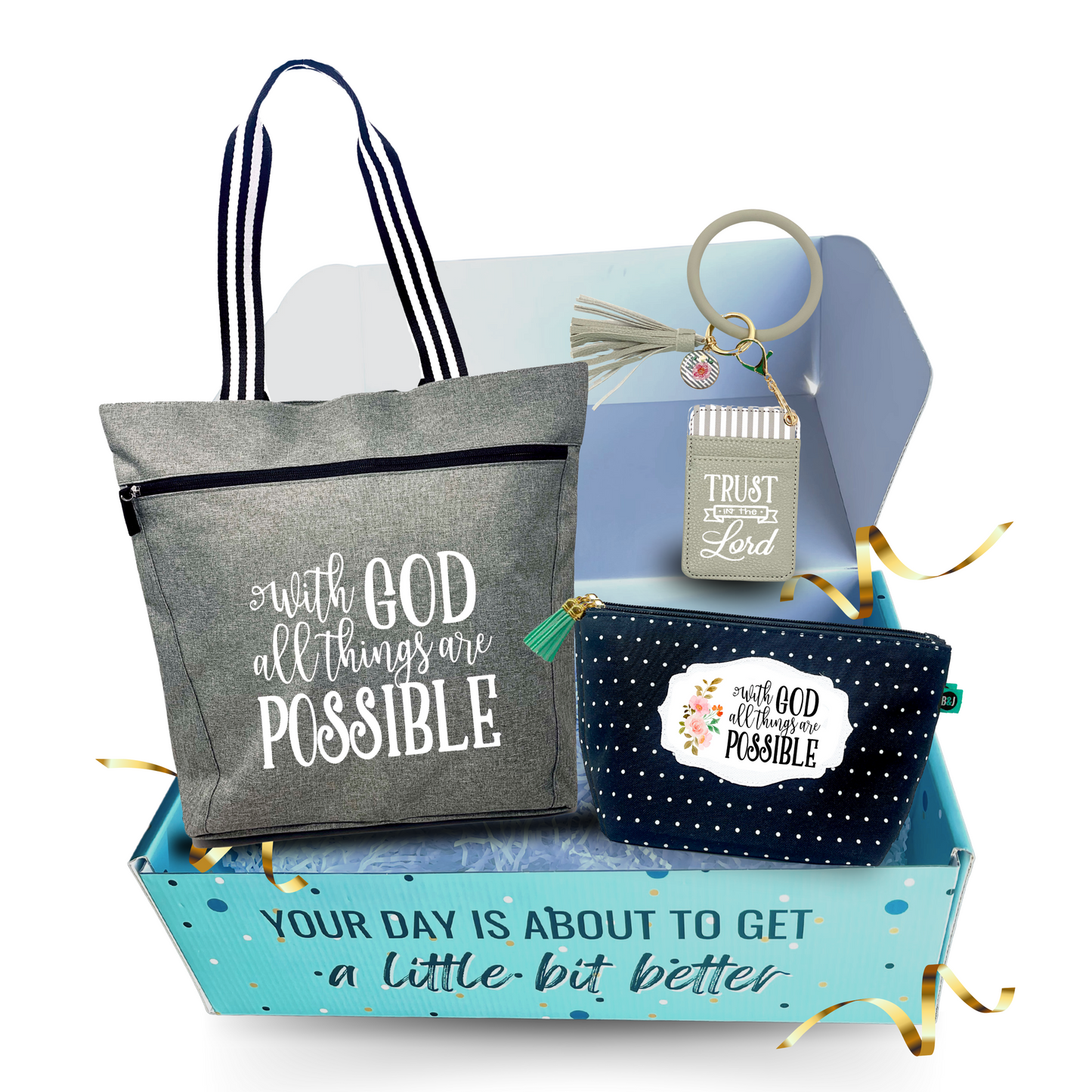 Brooke and Jess Designs - With God Lexie Tote Bag, Janie Makeup Cosmetic Bag, and Trust in the Lord Keychain Gift Box Set