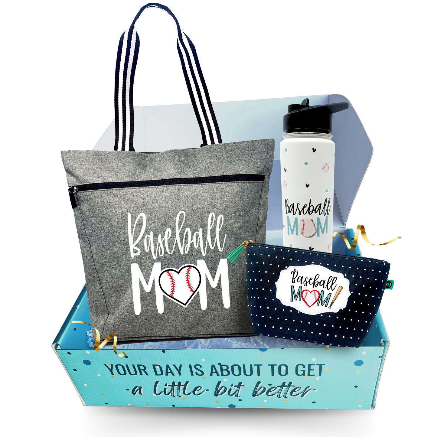 Brooke and Jess Designs - Baseball Mom Lexie Gray Tote Bag, 24 oz Waterbottle Tumbler, and Janie Makeup Cosmetic Bag Gift Box Set