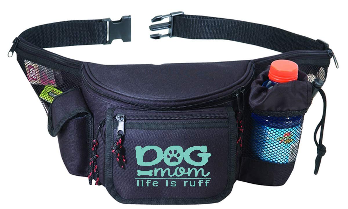 Funny Black Fanny Pack for Her, Women, Mom with Water Bottle Pocket - Dog Mom Life Is Ruff Waist Belt Bag, Phanny Pack for Travel, Gym, Running, Dog Walking, Hiking - Great Gift (Dog Mom Life is Ruff)