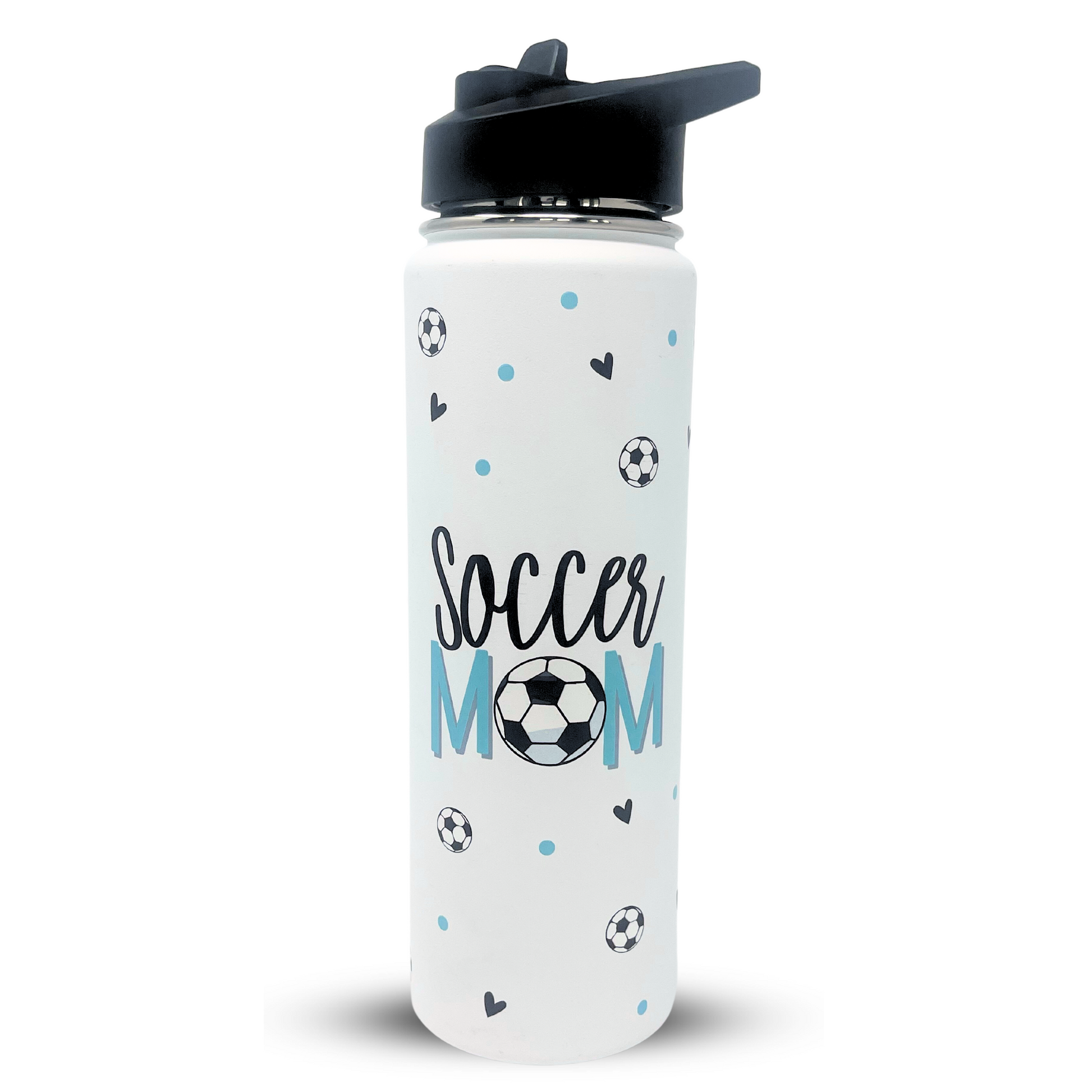 blue white soccer ball girl name jersey number stainless steel water bottle