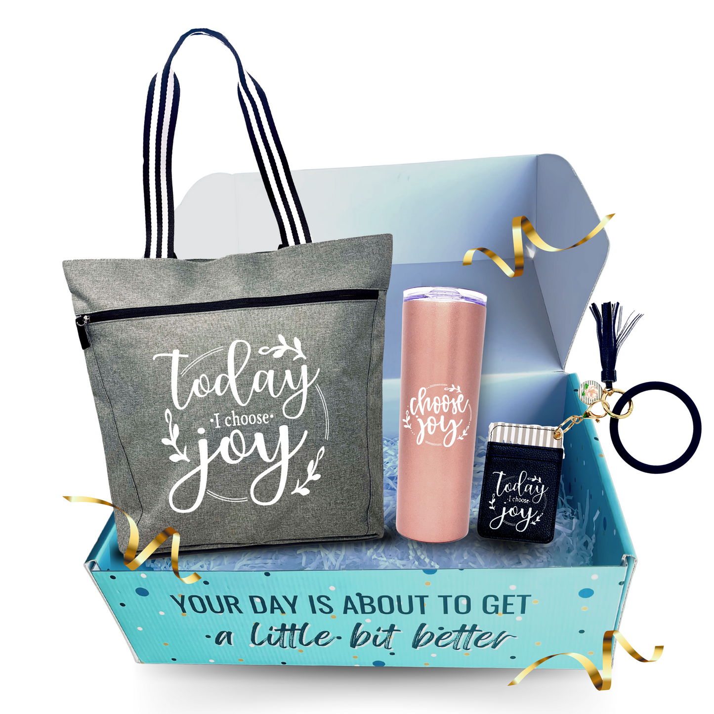 Brooke and Jess Designs - Choose Joy Lexie Tote Bag, 20 oz Skinny Tumbler, and Keychain Gift Box Set