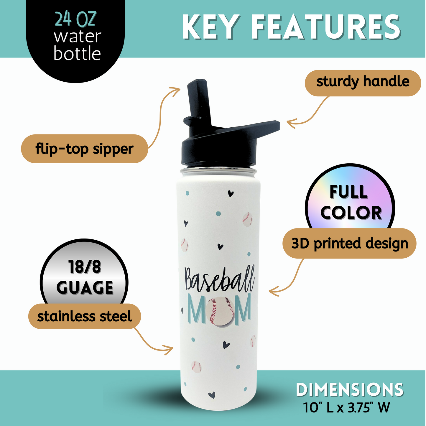 Baseball Mom Water Bottle Gift- Large Insulated Water Bottle with Straw - Stainless Steel Metal 24 oz Travel Cup for Mom, Mama, Mother, Wife, Women | Keeps Hot and Cold for Hours