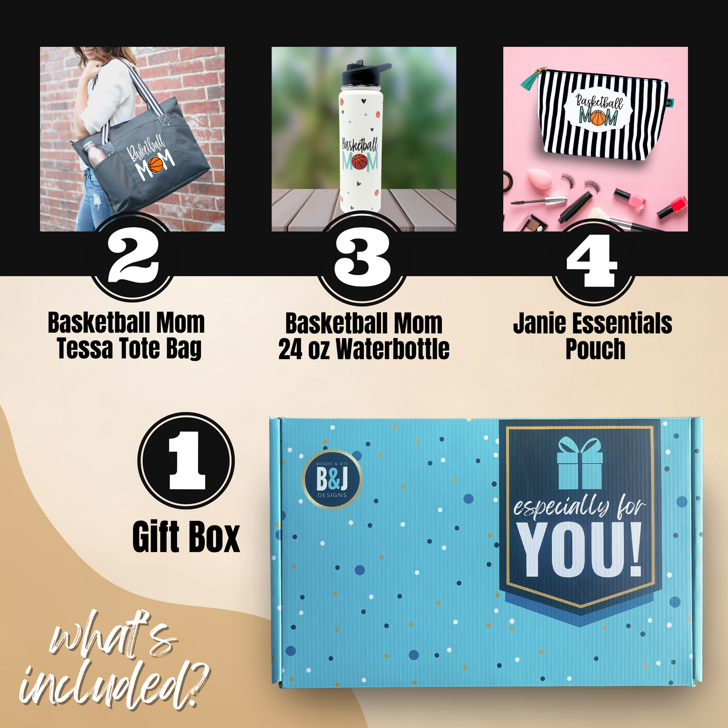 Brooke and Jess Designs - Basketball Mom Tessa Black Tote Bag, 24 oz Waterbottle Tumbler, and Janie Makeup Cosmetic Bag Gift Box Set