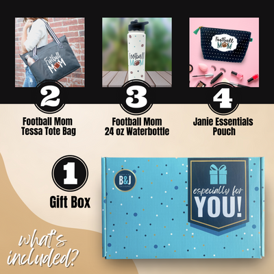 Brooke and Jess Designs - Football Mom Tessa Black Tote Bag, 24 oz Waterbottle Tumbler, and Janie Makeup Cosmetic Bag Gift Box Set