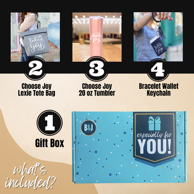 Brooke and Jess Designs - Choose Joy Lexie Tote Bag, 20 oz Skinny Tumbler, and Keychain Gift Box Set