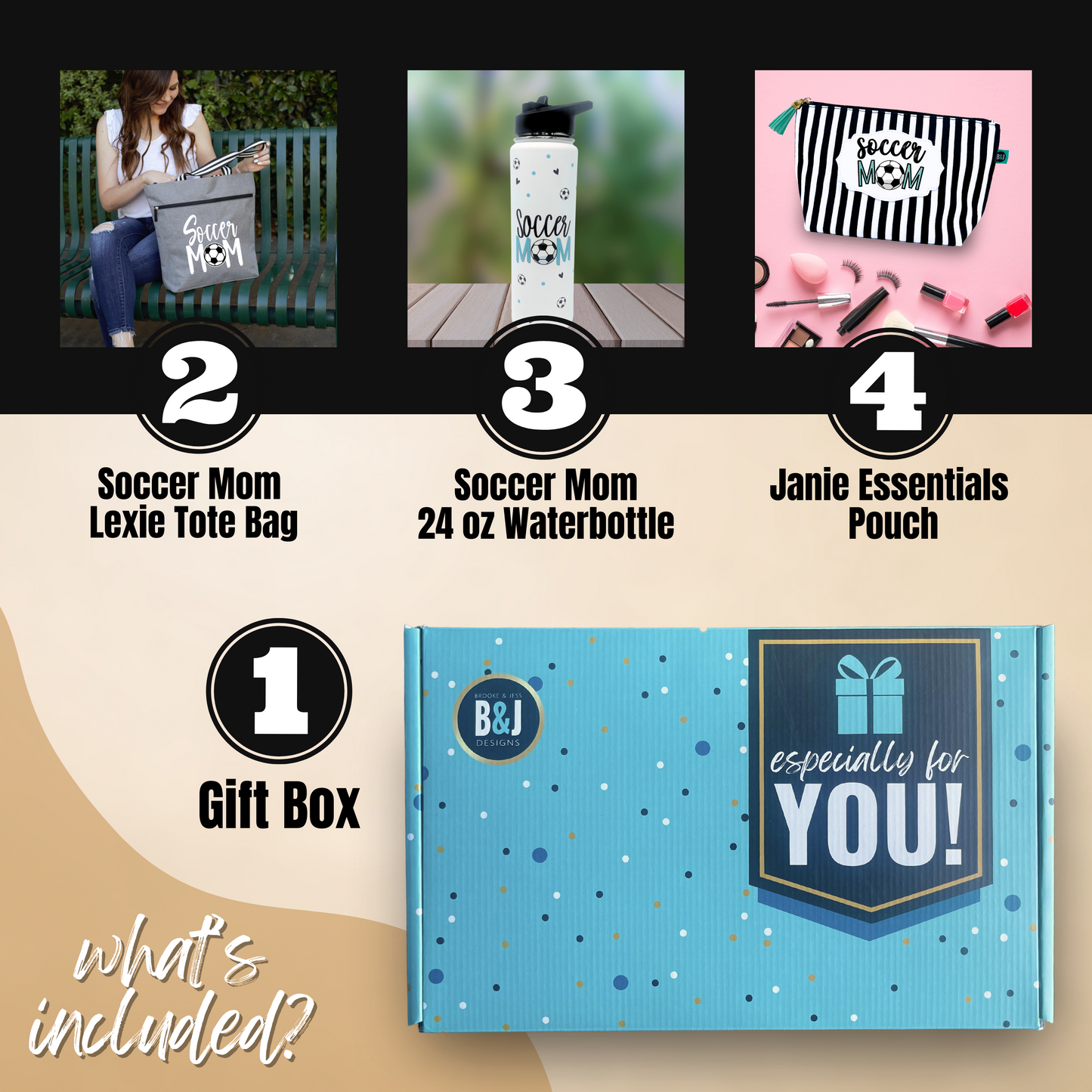 Brooke and Jess Designs - Soccer Mom Lexie Gray, 24 oz Waterbottle Tumbler, and Janie Makeup Cosmetic Bag Gift Box Set