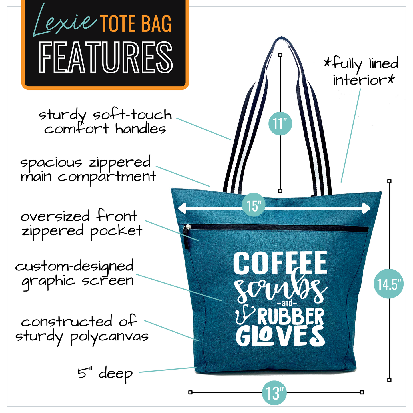 Coffee Scrubs And Rubber Gloves Lexie Teal Tote Bag for Medical Workers - Outlet Deal Utah