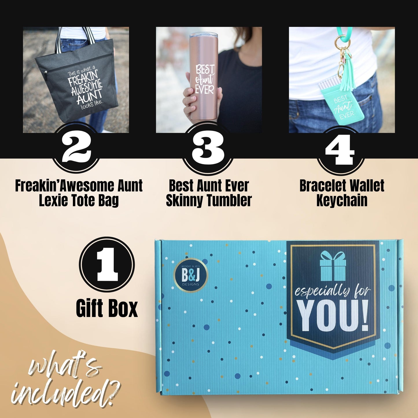Brooke and Jess Designs Aunt Gift Box - Freakin' Awesome Aunt Tote Bag, 20 oz Skinny Tumbler, and Keychain Bundle Gift Box