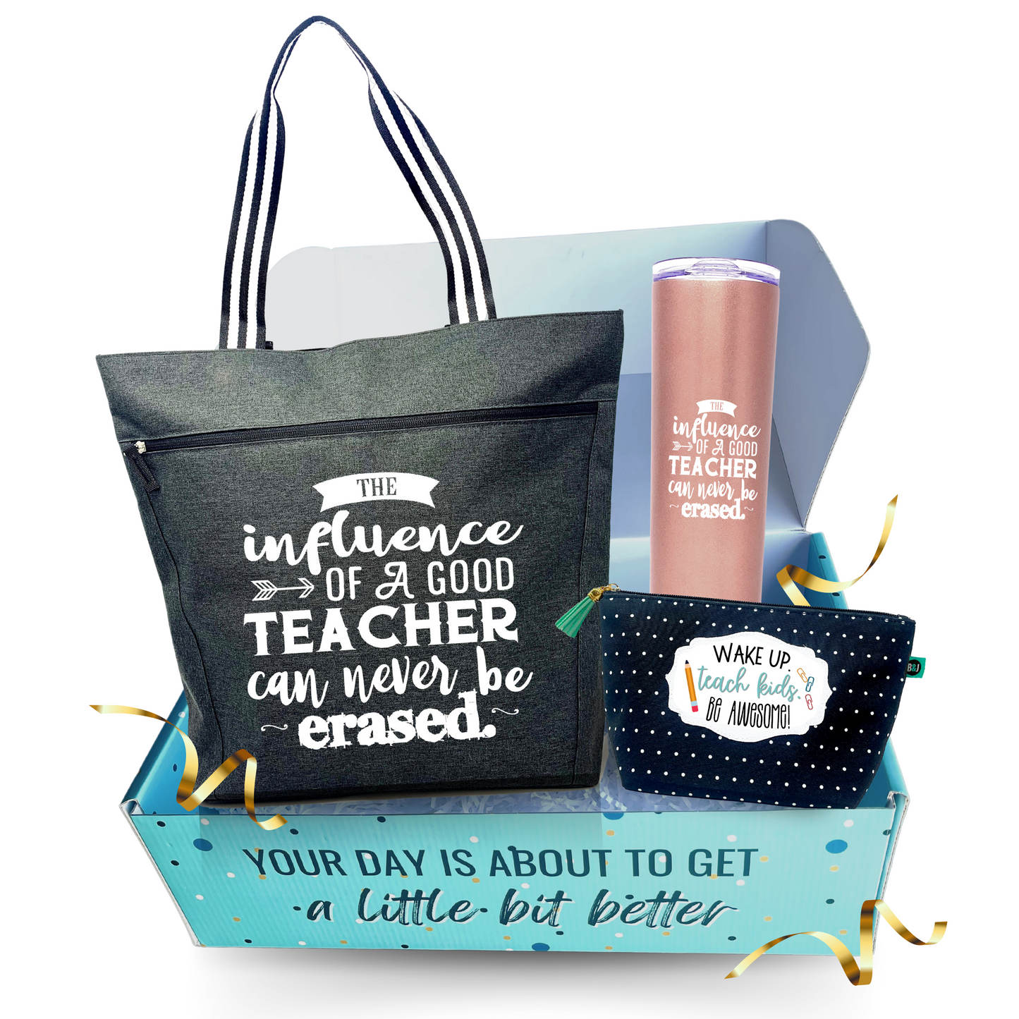 Brooke and Jess Designs Teacher Gift Box - Teacher Influence Tote, 20 oz Skinny Tumbler, and Magnet Bundle Gift Set