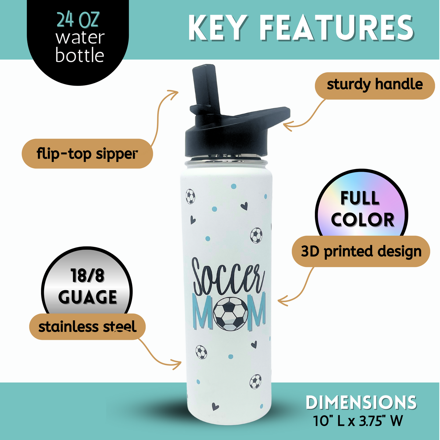 Soccer Mom Water Bottle- Large Insulated Water Bottle with Straw - Stainless Steel Metal 24 oz Travel Cup for Mom, Mama, Mother, Wife, Women | Keeps Hot and Cold for Hours